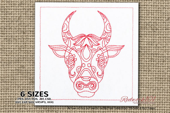 Abstract Bull Head Taurus Symbol Redwork