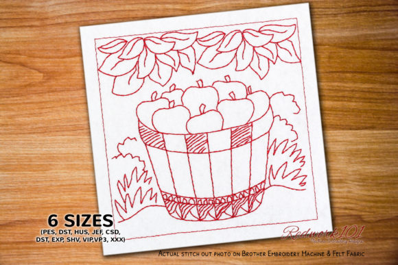 Apples in Wooden Basket Redwork