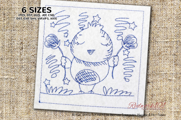 Baby Chick with Flowers Redwork