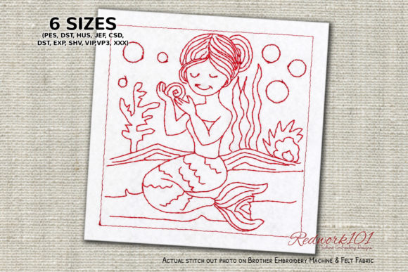 Mermaid Girl Sitting on Sand Redwork Review